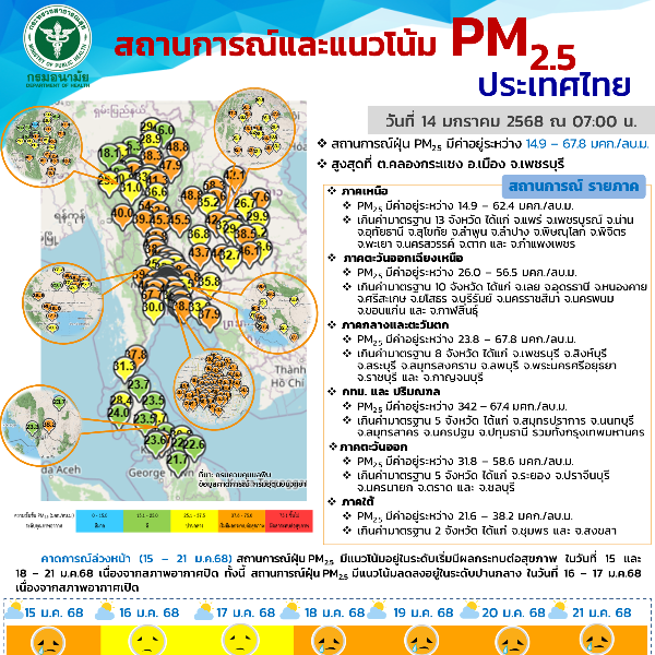 สถานการณ์และแนวโน้ม PM2.5 วันที่ 14 มกราคม 2568